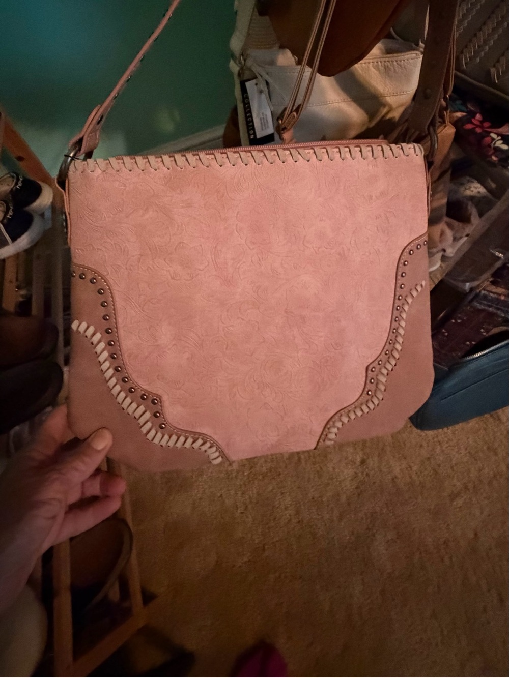 Women's Pink Floral Embossed Crossbody Bag - Stylish Everyday Shoulder Bag